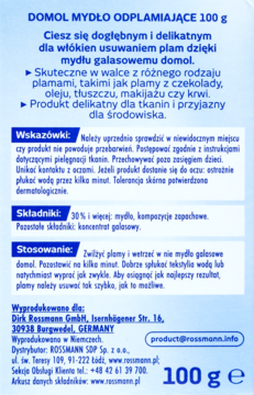 Mydło odplamiające Domol 100g, widok z tyłu opakowania. Niebiesko-biała etykieta z polskimi wskazówkami.