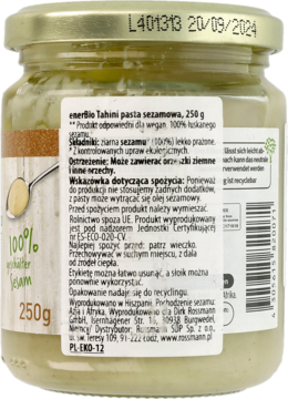 EnerBio Tahini pasta sezamowa w szklanym słoiku, widok z tyłu z polskim opisem i datą ważności.