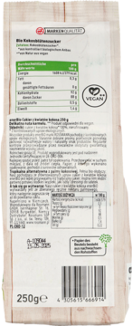Tył opakowania enerBIO Bio Kokosblütenzucker 250g, z danymi odżywczymi, logo Vegan i opisem produkcji.