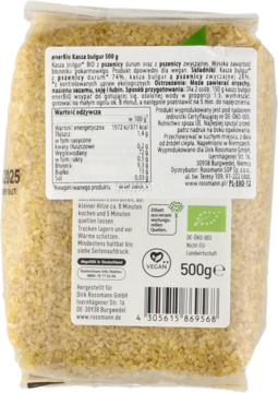 Tyl opakowania kaszy bulgur BIO 500g z pszenicy durum, w przezroczystej torbie, z etykietą produktową.