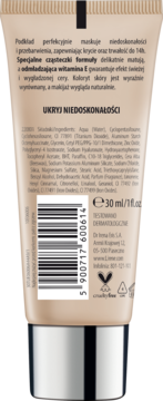 Tył beżowego podkładu Lirene maskującego niedoskonałości, z witaminą E i listą składników.