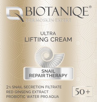 Front opakowania Biotaniqe Ultra Lifting Cream Snail Repair Therapy 50+, złoty design z ikoną ślimaka i składem.