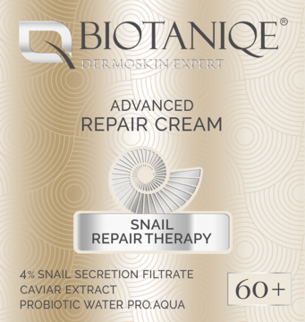 Złote opakowanie kremu Biotaniqe Advanced Repair Cream 60+ ze śluzem ślimaka, z grafiką muszli.