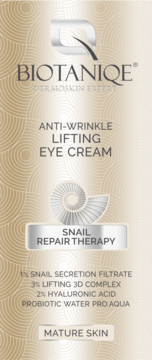 Pionowe opakowanie Biotaniqe Anti-Wrinkle Lifting Eye Cream z śluzem ślimaka, złoto-beżowe.