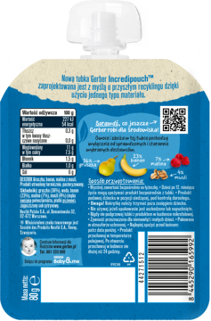 Tył niebiesko-beżowej tubki Gerber Incredipouch, puree z gruszki, banana, malin z musli, widoczne etykiety i składniki.