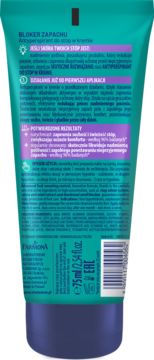 Tył turkusowego antyperspirantu do stóp Nivelazione 75ml z opisem działania, składników i kodem kreskowym.