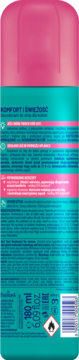 Tył różowo-turkusowego dezodorantu do stóp 4 w 1 dla kobiet. Widoczne szczegółowe informacje o działaniu i barcode.
