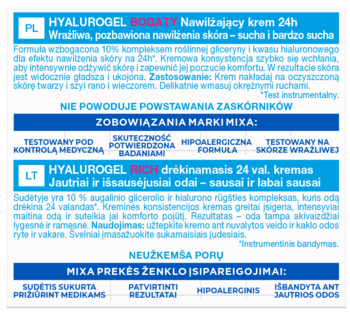 Etykieta Mixa Hyalurogel Bogaty krem 24h dla skóry suchej, z PL/LT opisem, biało-niebiesko-fioletowa.