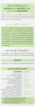 Niemiecka etykieta olejku do ciała Alterra Cellulite Körpero z opisem produktu i składem.