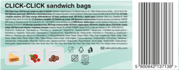 Tył opakowania torebek śniadaniowych CLICK-CLICK, niebieskie tło, ikony jedzenia, recyklingu i kod kreskowy.