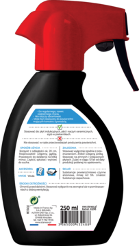 Czarny spray 250ml do czyszczenia płyt witroceramicznych/indukcyjnych, czerwona głowica, tył butelki.
