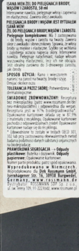 Tył opakowania żelu Isana Men do brody i wąsów 50ml. Biała etykieta z czarnym tekstem, opisem produktu i składu.
