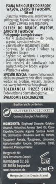 Tył opakowania olejku do brody Isana Men 30ml, czarno-białe z listą składników i informacją o tolerancji skórnej.