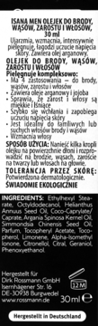 Isana Men olejek do brody, wąsów, zarostu i włosów 30ml. Widok z tyłu, skład z olejem arganowym i jojoba.