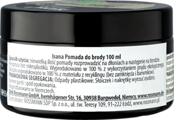Isana pomada do brody 100 ml, czarny słoiczek z recyklingu, widok z tyłu z informacjami o składzie bez mikroplastiku.