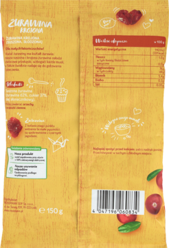 Tył opakowania suszonej żurawiny krojonej. Żółte tło, tabele z wartościami odżywczymi, lista składników i kod kreskowy.