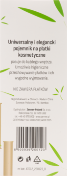 Tył opakowania pojemnika na płatki kosmetyczne Zenner, z bambusowym wzorem, kodem kreskowym i info o surowcach.