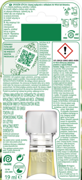 Tył zielonego opakowania wkładu Air Wick Botanica 19ml, z instrukcją i widoczną buteleczką z żółtym płynem.