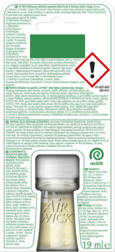 Tył opakowania Air Wick wkładu do elektrycznego odświeżacza powietrza, widoczny 19ml płyn, logo.