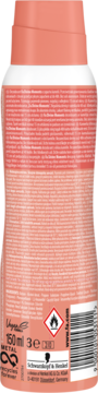 Tył brzoskwiniowego dezodorantu w sprayu Fa Divine Moments, widoczne informacje o produkcie i 150ml.