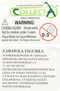 Biała etykieta ostrzegawcza figurki CollectA tygrys z logo, tekstem "Choking Hazard" i symbolem 0-3 lat.