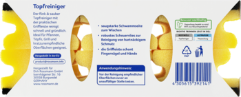 Tył opakowania Topfreiniger, środek do czyszczenia garnków. Białe z żółtymi wzorami, usuwa uporczywe zabrudzenia, nie rysuje.