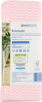 Różowe ściereczki kuchenne, tył opakowania z polskim tekstem o składzie i pielęgnacji, widok pionowy.