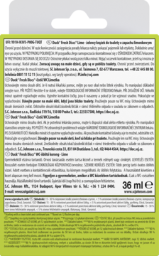 Tył kartonowego opakowania Duck Fresh Discs Lime 36ml z zielonym akcentem, widoczne instrukcje i skład.