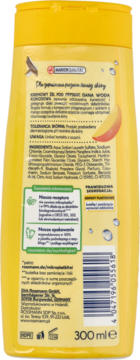 Tył żółtej butelki kremowego żelu pod prysznic Isana Woda Kokosowa 300ml z informacjami o składzie.