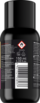 Tył czarnej butelki zmywacza hybrydowego, 150 ml, widoczne ostrzeżenie o łatwopalności i kod kreskowy.