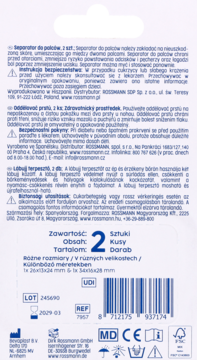 Tył opakowania separatorów palców stopy Fusswohl, wyrób medyczny. Biała saszetka, różne rozmiary, z opisem.