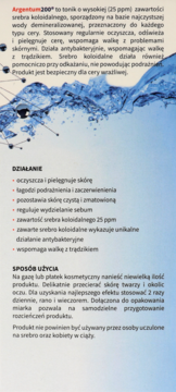 Etykieta toniku Argentum200 srebro koloidalne 25 ppm, tekst o działaniu i użyciu na tle wody.
