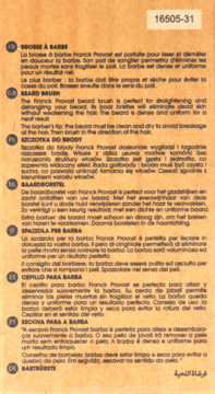 Biała ulotka produktu: instrukcje do szczotki do brody Franck Provost, czarny tekst, kod 16505-31.