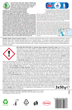Tył opakowania Bref Color Aktiv+ WC bloku z Odor Stop, białe tło, szczegółowe instrukcje, 3x50g.