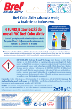 Tył opakowania Bref Color Aktiv 2x50g zawieszki WC, z informacjami o 4 funkcjach i barwieniu wody na turkusowo.