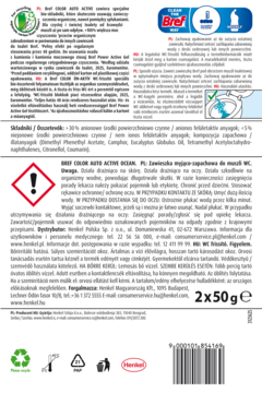 Tył opakowania Bref Color Aktiv WC blok czyszcząco-zapachowy 2x50g, z tekstem PL/HU i symbolem ostrzegawczym.