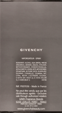 Tył szarego opakowania Givenchy Gentleman Only, z listą składników i danymi producenta w bieli.