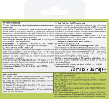 Tył opakowania Duck Fresh Discs Lime żelowe krążki do toalety, z informacjami o produkcie i składnikach.