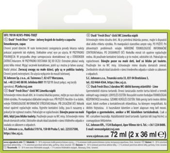 Tył zielono-białego opakowania Duck Fresh Discs Lime, żelowych krążków do toalety, z tekstem i logo producenta.