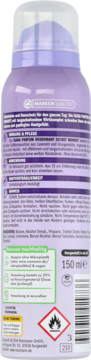 Tył fioletowego dezodorantu w sprayu o pojemności 150 ml, z etykietą zawierającą skład i ostrzeżenia.