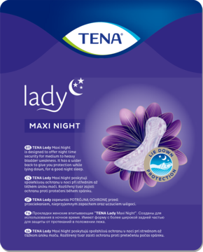 Opakowanie TENA Lady Maxi Night, pieluchy anatomiczne. Niebiesko-fioletowe z białym wkładem na kwiatku, ochrona nocna.