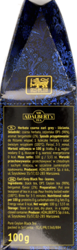 Tył opakowania herbaty Adalbert's Earl Grey 100g, granatowy z detalami, zawiera opis składu i przygotowania.