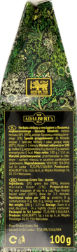 Tył ciemnozielonego opakowania herbaty Adalbert's Soursop Green Tea z białymi napisami i złotymi detalami.