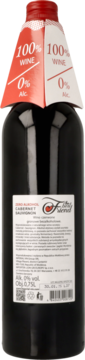 Ciemna butelka wina 0% Alc. Cabernet Sauvignon, z czerwoną etykietą '100% Wine', widok z przodu.