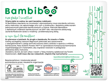 Bambiboo jednorazowe pieluszki bambusowe, tył opakowania, białe z zielonym logo i ekologicznymi certyfikatami.