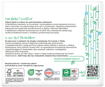 Tył opakowania Bambiboo pieluszki bambusowe 2 Mini, tekst, certyfikaty FSC, Oeko-Tex, TÜV i zielona grafika bambusa.