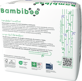 Tył opakowania pieluszek Bambiboo z bambusem, Rozmiar 3 Midi. Białe, zielone logo, opis, certyfikaty.