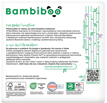 Tył opakowania pieluszek Bambiboo, bambusowych, na białym tle, z zielonym tekstem, certyfikatami i kodem QR.