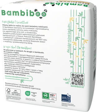 Tył białego opakowania pieluszek Bambiboo Maxi 9-14 kg z włóknem bambusowym, zielonymi detalami i QR kodem.