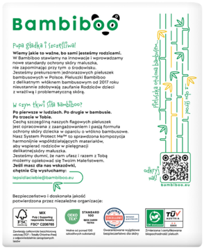 Biały flyer Bambiboo z logo, opisem pieluszek z włókna bambusowego, zieloną grafiką i ikonami certyfikatów.